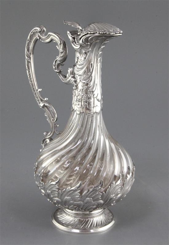 An early 20th century French silver mounted glass claret jug, possibly Baccarat, 30cm